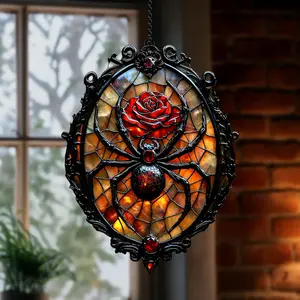 Gothic Rose & Spider Suncatcher – Faux Stained Glass Window Hanging with Black Widow Red Rose, Halloween Décor, Spooky Home Accent