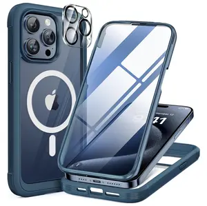 iPhone 15 Pro Max Case 6.7'' [Compatible with Magsafe] Full-Body Drop Proof Bumper Phone Case with Built-in 9H Tempered Glass Screen Protector, Blue