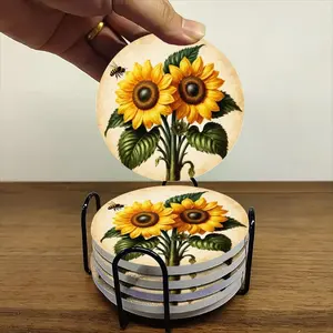 6-piece ceramic coaster set, featuring a retro sunflower illustration and bees. Heat-resistant, non-slip coasters with holders, perfect for home, dining, and as beverage mats.