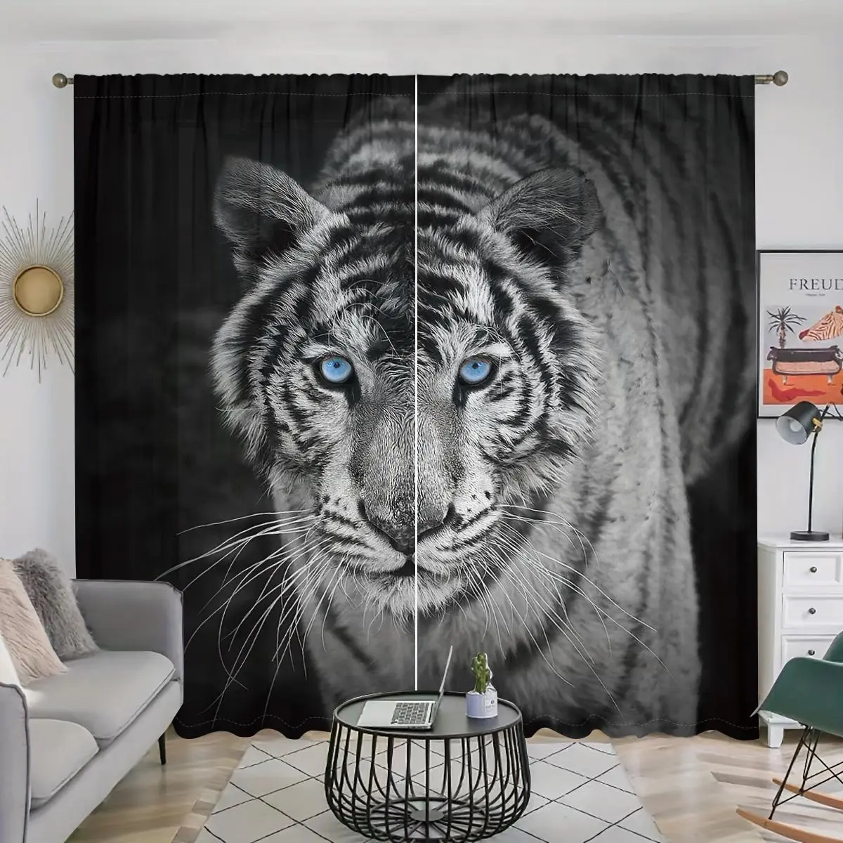3D Printed Tiger Pattern Curtain, 2 Counts/set Modern Art Semi Blackout Curtain, Home Decor for Living Room Bedroom Kitchen, Home Decoration Curtain, Window Curtains, Window Drapes