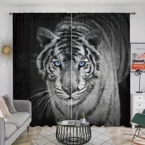 3D Printed Tiger Pattern Curtain, 2 Counts/set Modern Art Semi Blackout Curtain, Home Decor for Living Room Bedroom Kitchen, Home Decoration Curtain