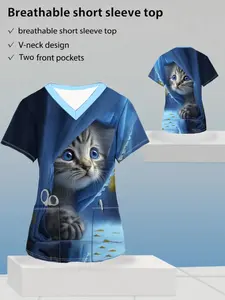 Casual Nurse Uniform Top, Workwear Uniforms, V Neck Design, Short Sleeve Style, Durable, Comfortable and Fitted Fit, Ideal for Nursing Care Professionals, Cute Cat Print
