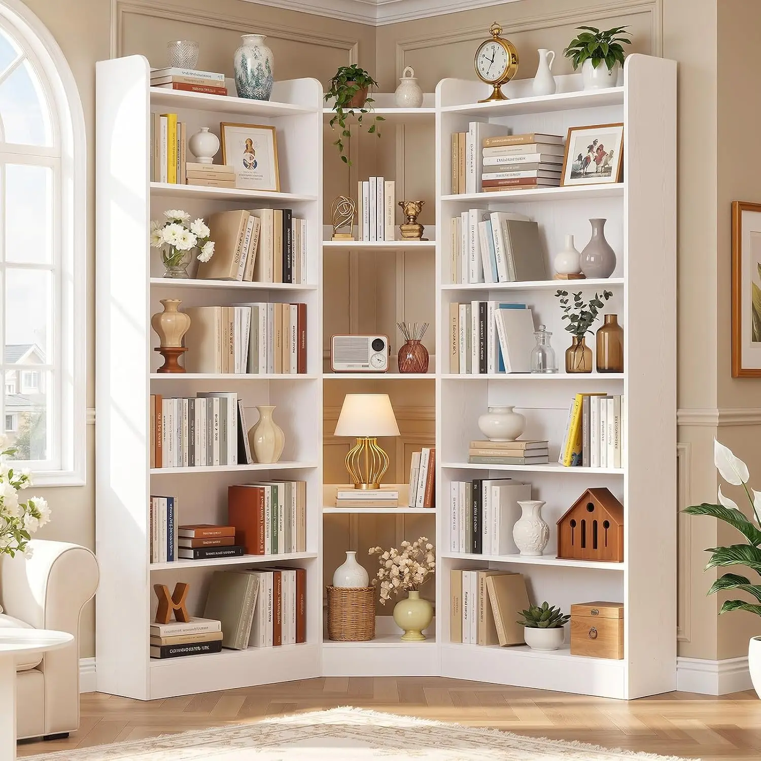 7-Tiers L-Shaped Bookshelf with Baffle，71.3" Tall Corner L-Shaped Etagere Wooden Bookcase，Space-Saving Multi-Purpose Storage Display Shelves for Custom Storage