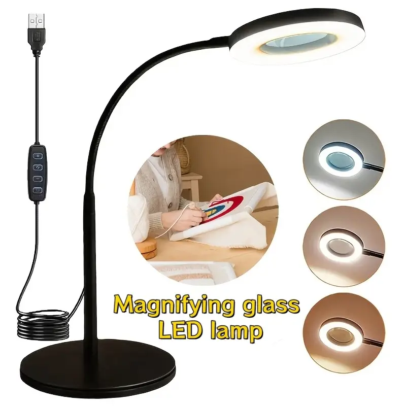 5X Magnifying Glass with Light & Stand - Hands-Free Adjustable Desk/Clamp Lamp, 3-Color Modes, Stepless Dimmer, Brightness Dimmable, Plug-and-Play LED Magnifier Lamp Suitable for Close Work, Reading, Hobbyists, DIY