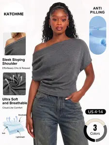 Katch Me Chic Women's Elegant Sloping Shoulder Short Sleeve Skin-Friendly Top, Sleek Soft Wrinkle-Resistant Daily Outfit, Loose Stretch Anti-Pilling Womenswear