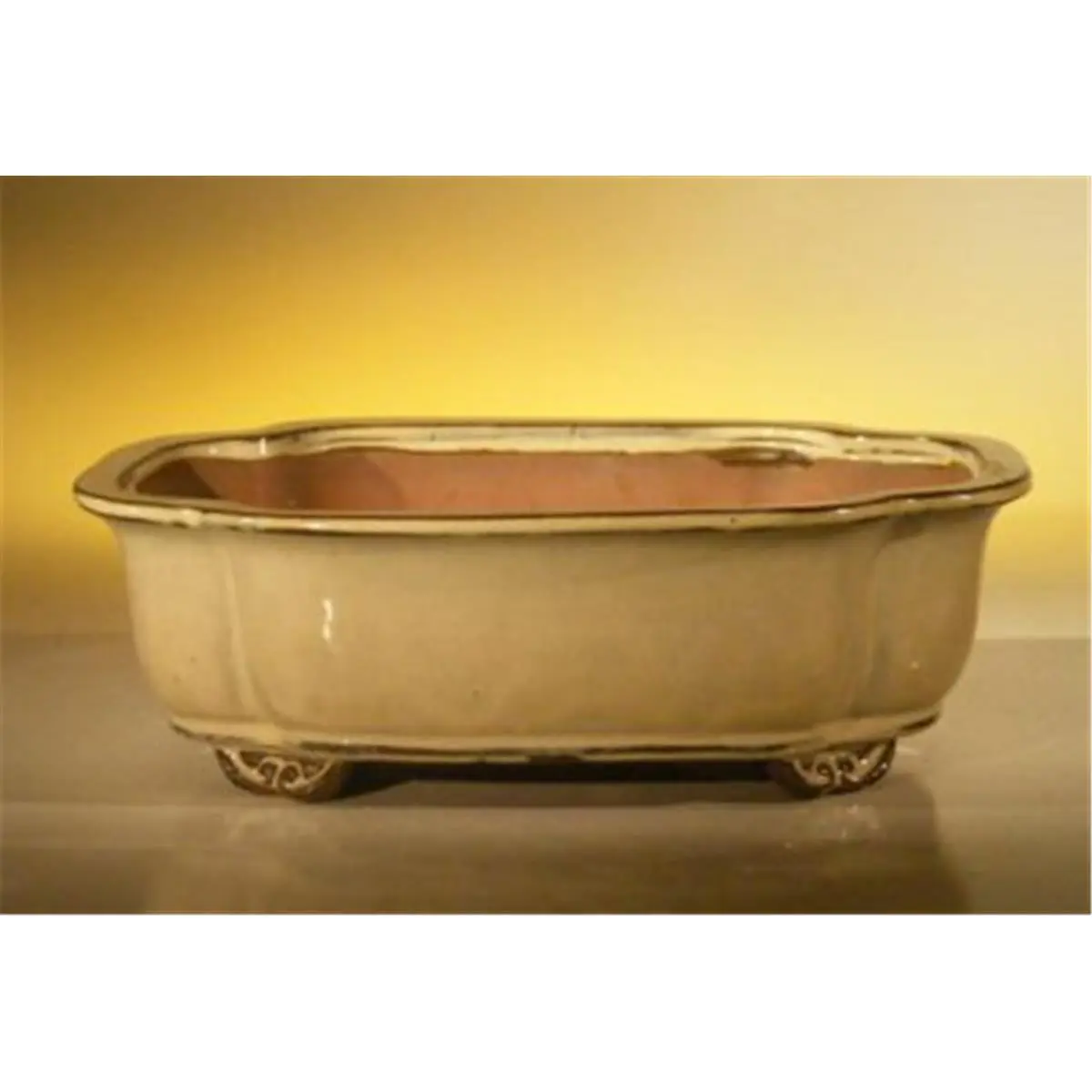212 MAIN Rectangle Ceramic Bonsai Pot with Attached Humidity-Drip Tray - 10x8x3.125 in Beige Plant Decor Container for Home Improvement, Container Gardening