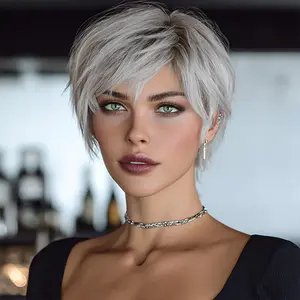 SMILCO/6Inch Ombre Brown Ash Beige Short Straight with Bangs Synthetic Wig/SM491