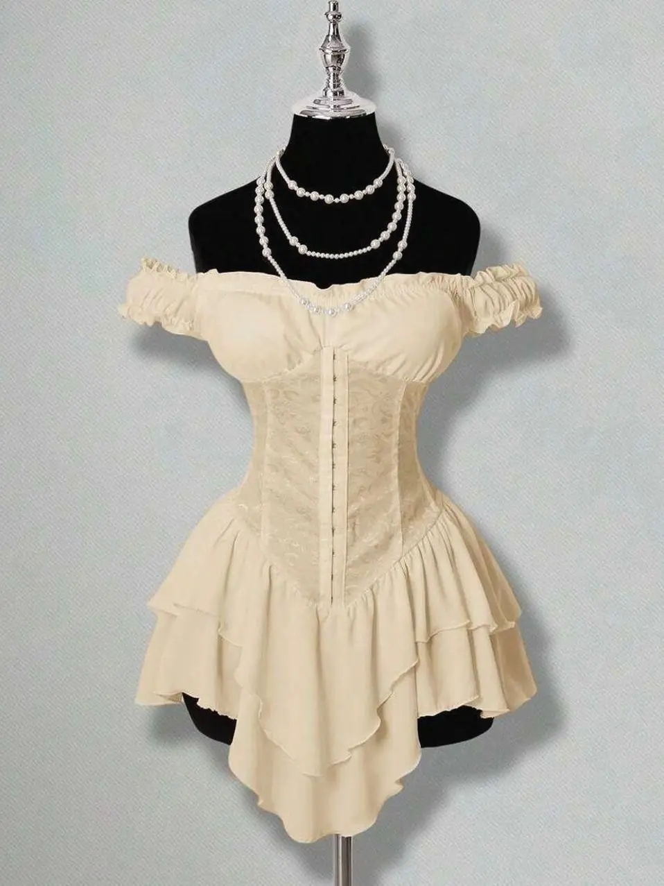 Women's Summer Goth Club Jacquard Waist Tie Ruffle Trim Off Shoulder Layered Hem A-Line Chiffon Mini Dress,Elegant