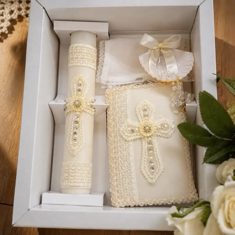 Unisex Religious 5-Piece Baptismal Candle Set - 8in Candle, Beads Rosary, New Testament, Decorative Elements in Box, Meaningful Touch Christian Ceremony Gift for Child (English & Spanish White Traditional)