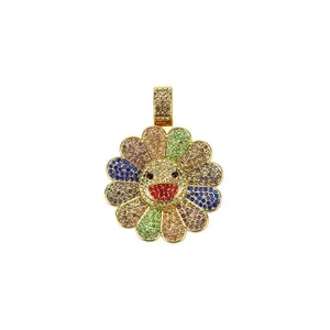 2026 Personalized Fashion Design Necklace Men's Hip Hop Sunflower Pendant Micro-Inlay Zircon Colorful Flowers Rotable -Q