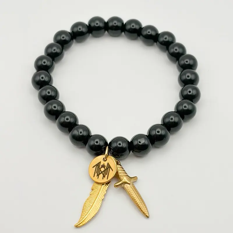 ST-Inspired Black Obsidian Bead Bracelet "Live by the Feather, Die by the Sword"