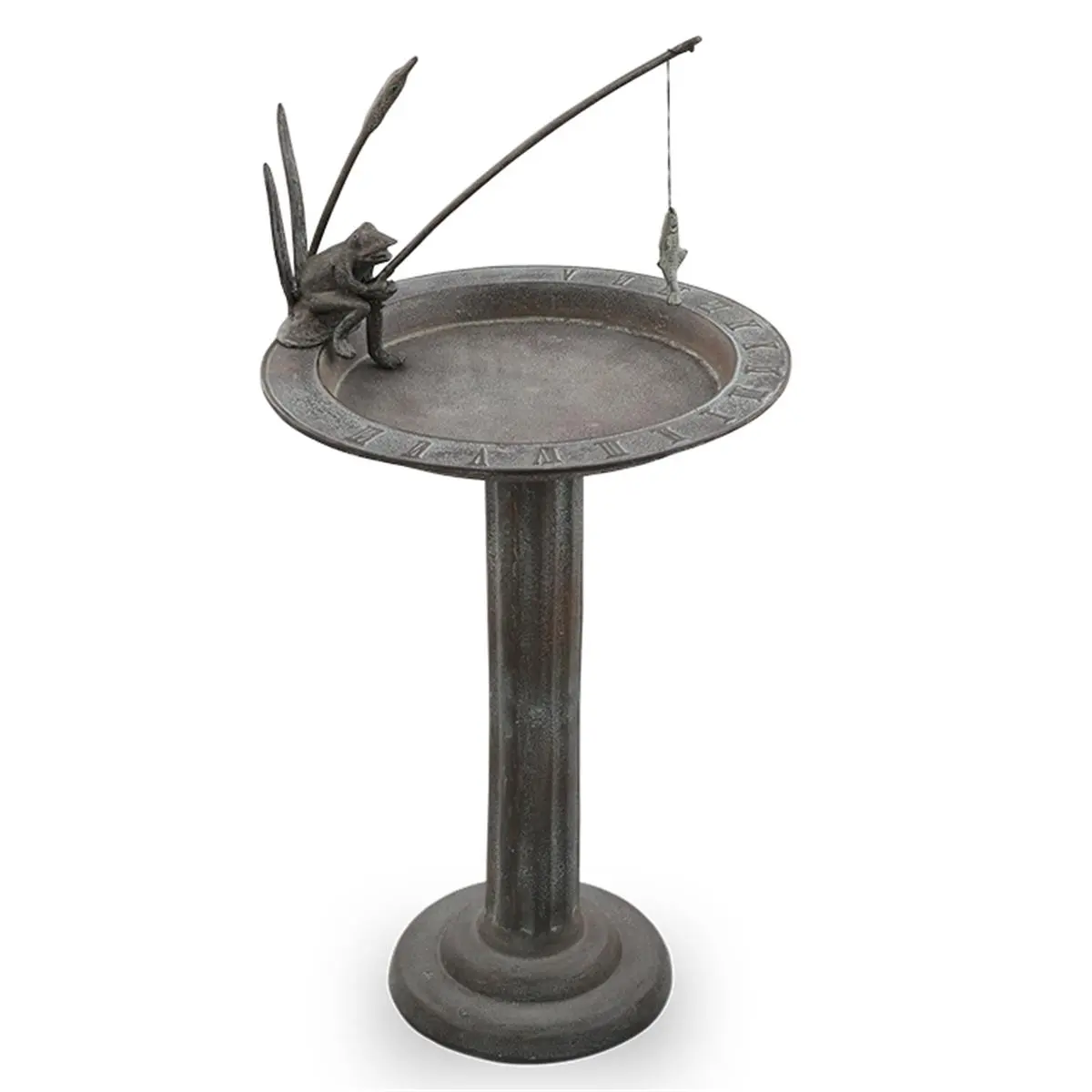 212 MAIN Aluminum Fishing Frog Sundial - Adorable Bird Bath, Verdigris Finish, Frog Detail, Bird Supplies, Water Source (31 x 15.50 x 15.50 in), Attracts Birds