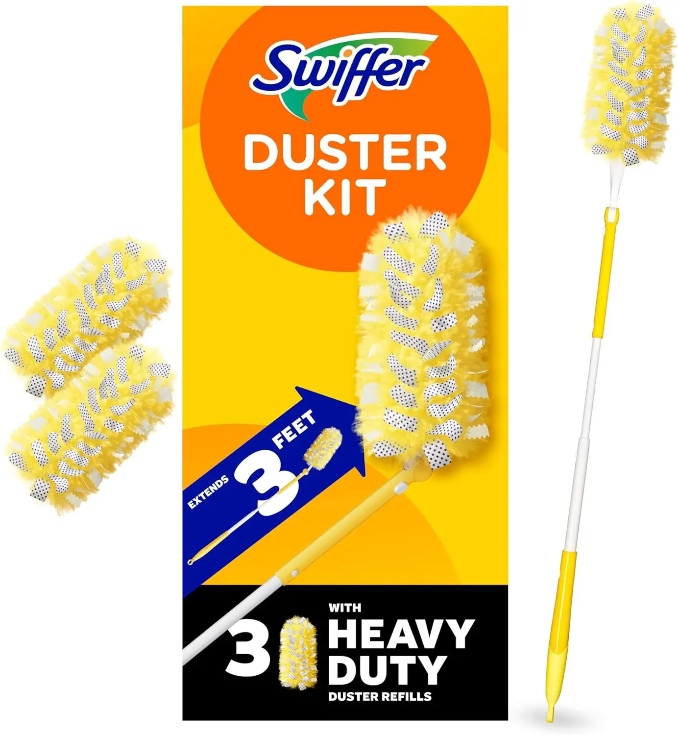 Swiffer Duster Kit with 3 ft Extendable Handle | Includes 1 Duster Extendable Handle (3 ft). 3 Heavy Duty Duster Refills. For Ceiling Fans, Vents, and Hard to Reach Places