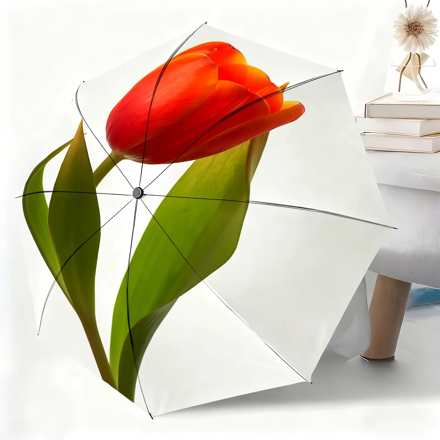 A waterproof folding umbrella featuring red tulip flowers and green leaves, suitable for both men and women, and portable for travel and everyday use.