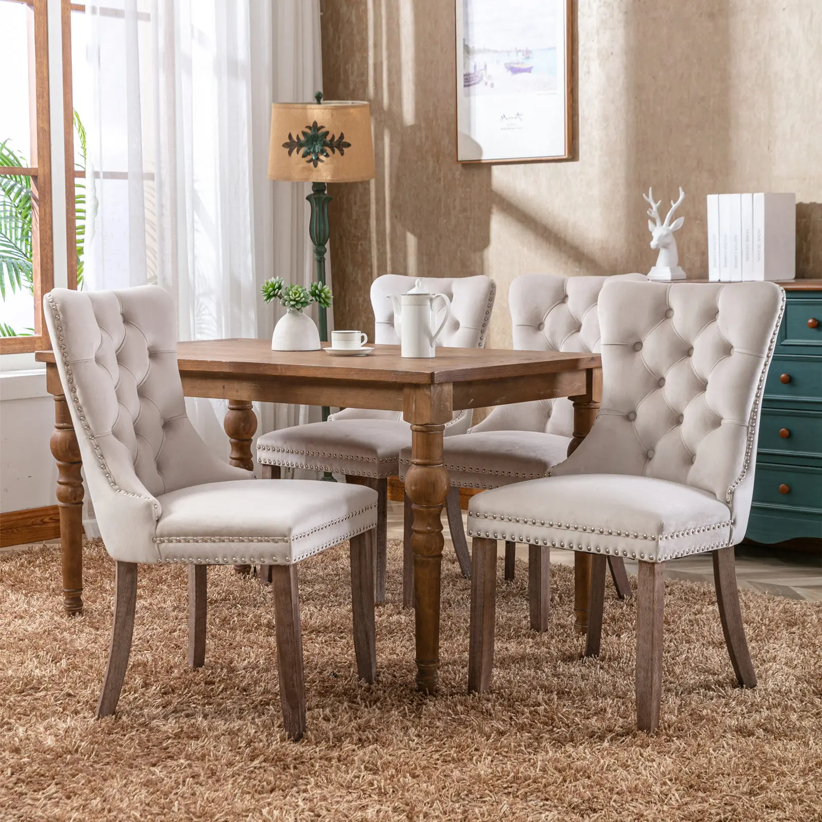 Velvet Dining Chairs Set of 2, Tall Back Side Chair, Modern Upholstered High-end Tufted Side Chair with Button Back Ring, Solid Wood Legs