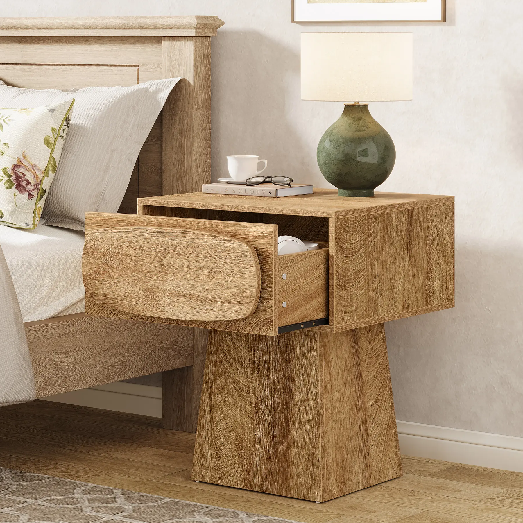 LITTLE TREE Nightstand Bed Side Table with Drawer Storage, Night Stand for Bedroom, Hallway, Mid Century Modern Nightstands, 21.6" Small Dresser with Natural Wood Grain Print, Bedside Furniture Table