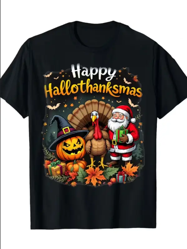 Men's Cotton Menswear Streetwear Short Sleeve Round Neck T-Shirt - Santa & Pumpkin Designs, Casual Holiday Top, Suitable for Christmas Parties, Machine Washable Summer Apparel (Mix & Match Options), Tshirt