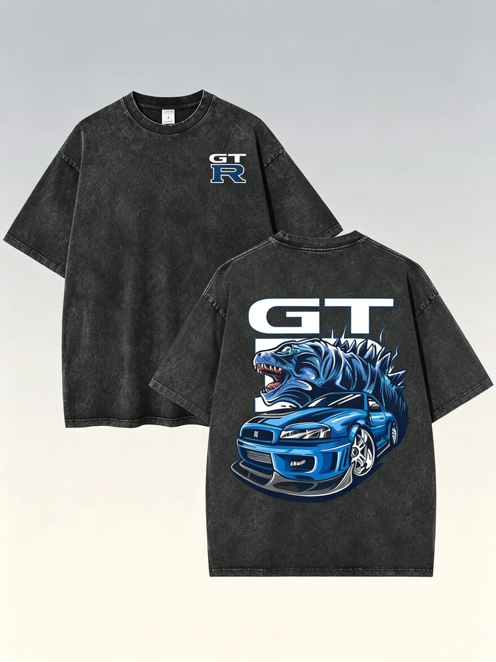 GTR Car Graphic T Shirt Men, Retro Oversized Streetwear Tee, Double Sided Monster Racing Car Print Short Sleeve Top,  Loose Hip Hop Tee For Car Enthusiasts casual slim-fitting f day funny meme