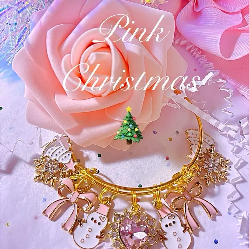 Pink Christmas Bangle Bracelet with Crystal Heart Snowman Bows & Rhinestone Snowflakes Holiday Season Gift