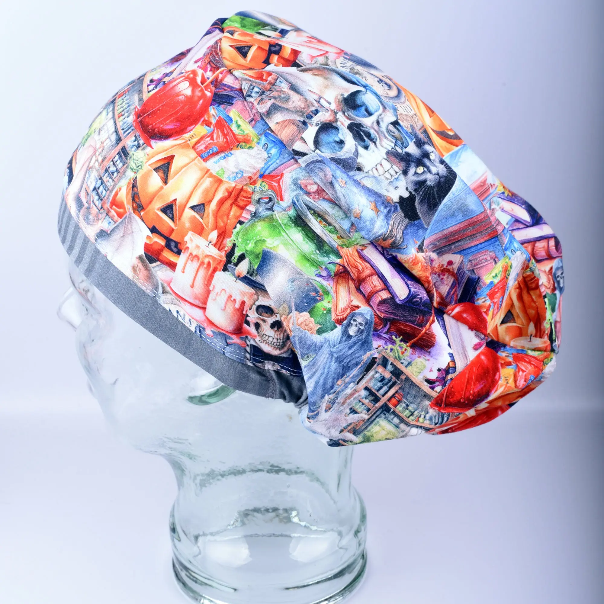 Halloween Theme Scrub Cap Spooky Printed Adjustable Surgical Hat Soft Cotton Hair Cover Nurse Uniform Workwear