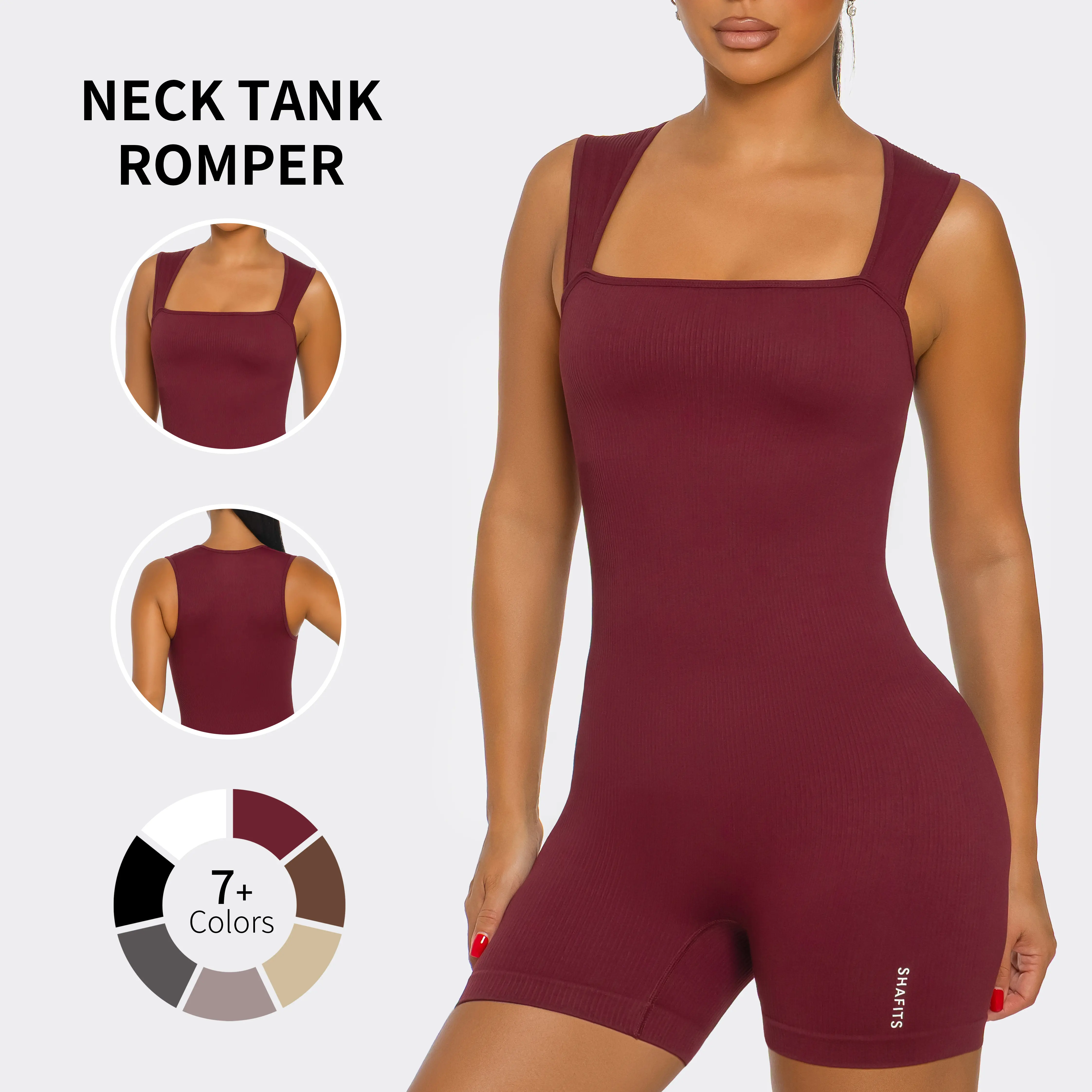 SHAFITS Women’s Square Neck Tank Romper – Ribbed One-Piece Workout Jumpsuit, Stretchy Seamless Activewear, Tummy Control Fitness Outfit for Gym & Everyday Wear.,summerwins