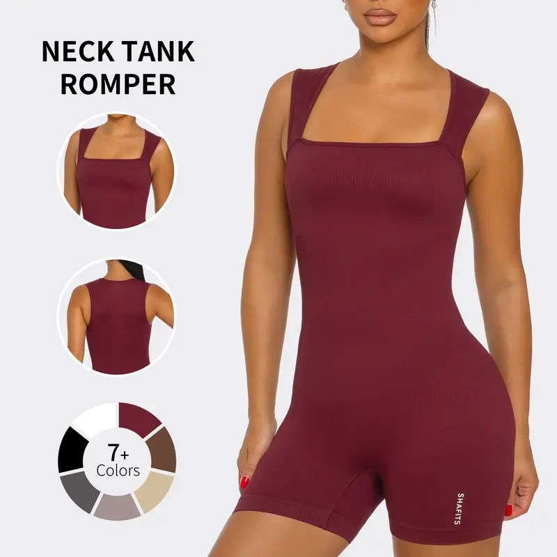 SHAFITS Women’s Square Neck Tank Romper – Ribbed One-Piece Workout Jumpsuit, Stretchy Seamless Activewear, Tummy Control Fitness Outfit for Gym & Everyday Wear., Gym Gifts,sohochic
