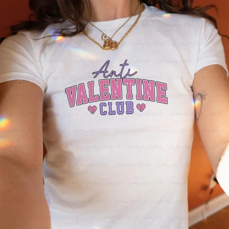 Anti Valentine Club Baby Tee, Vintage Y2K Aesthetic Love Day Tee, Anti Love Cupid Stupid Women Top, Heart Breaker Bestie Holiday Trip Tee