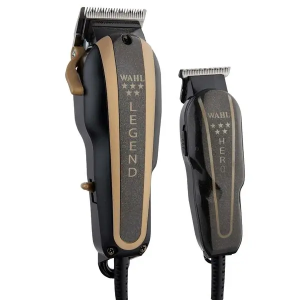 Professional 5-Star Barber Combo, Corded Legend Clipper & Hero T-Blade Trimmer Set, Black/Gold Finish
