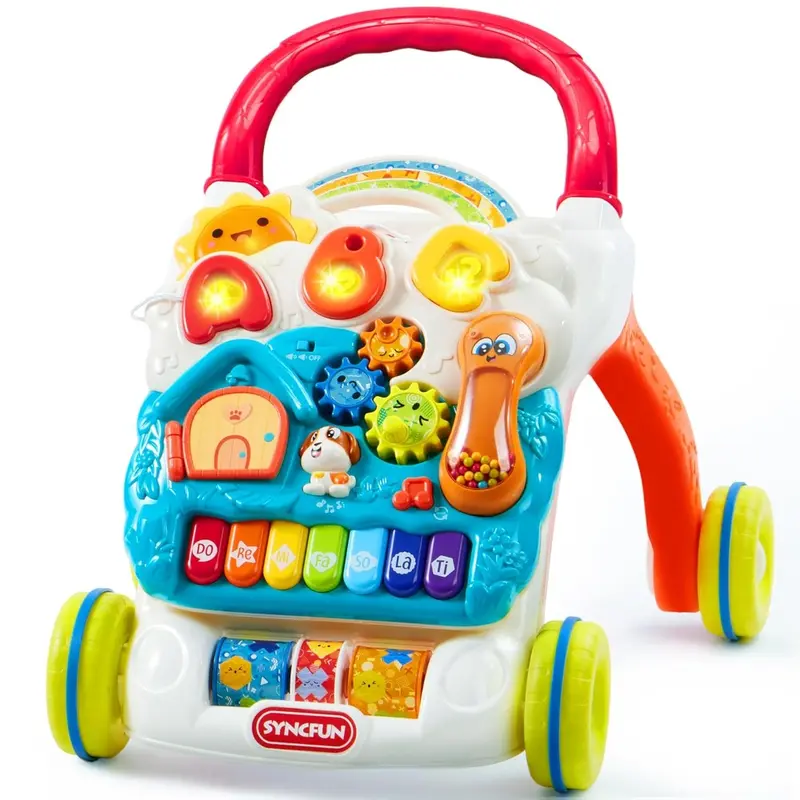 AuntyFey 3-IN-1 Baby Walker with Wheels Accessories, Adjustable Speed Anti-Rollover Baby Walking Toy for Year old Learning to Walk, Sit to Stand