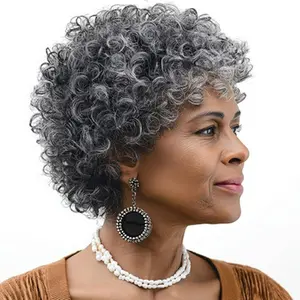 Women's Short Gray Curly Afro Wig, Natural Salt and Pepper Synthetic Hair, Breathable Cap Daily Wig for Older Ladies