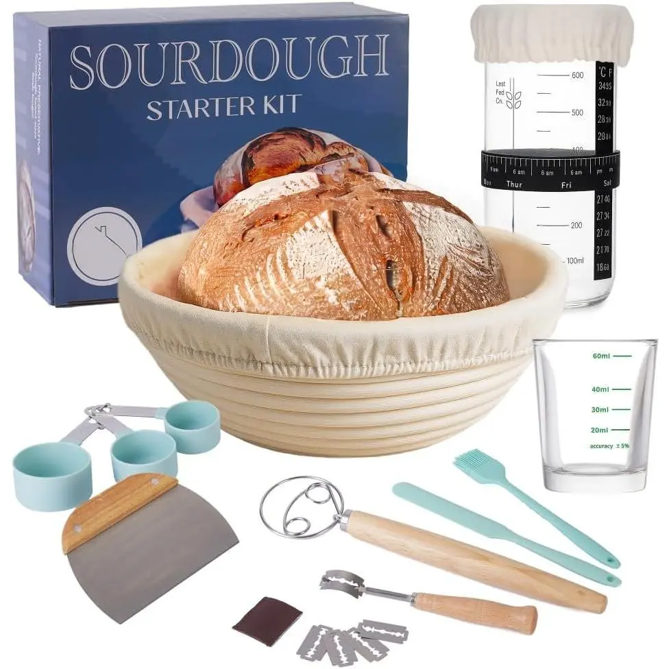 13- Sourdough Starter Kit - Complete Bread Making Supplies with Banneton Proofing Basket, Sourdough Jar, Dough Whisk, Scraper & Tools - Beginner-Friendly Baking Kit &  for Bakers