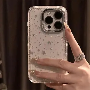 Shiny Glitter Star Rhinestone Shell Pattern Phone Case For iPhone 17 Air 16 15 14 13 12  Pro Max 14 Plus Soft Shockproof Cover