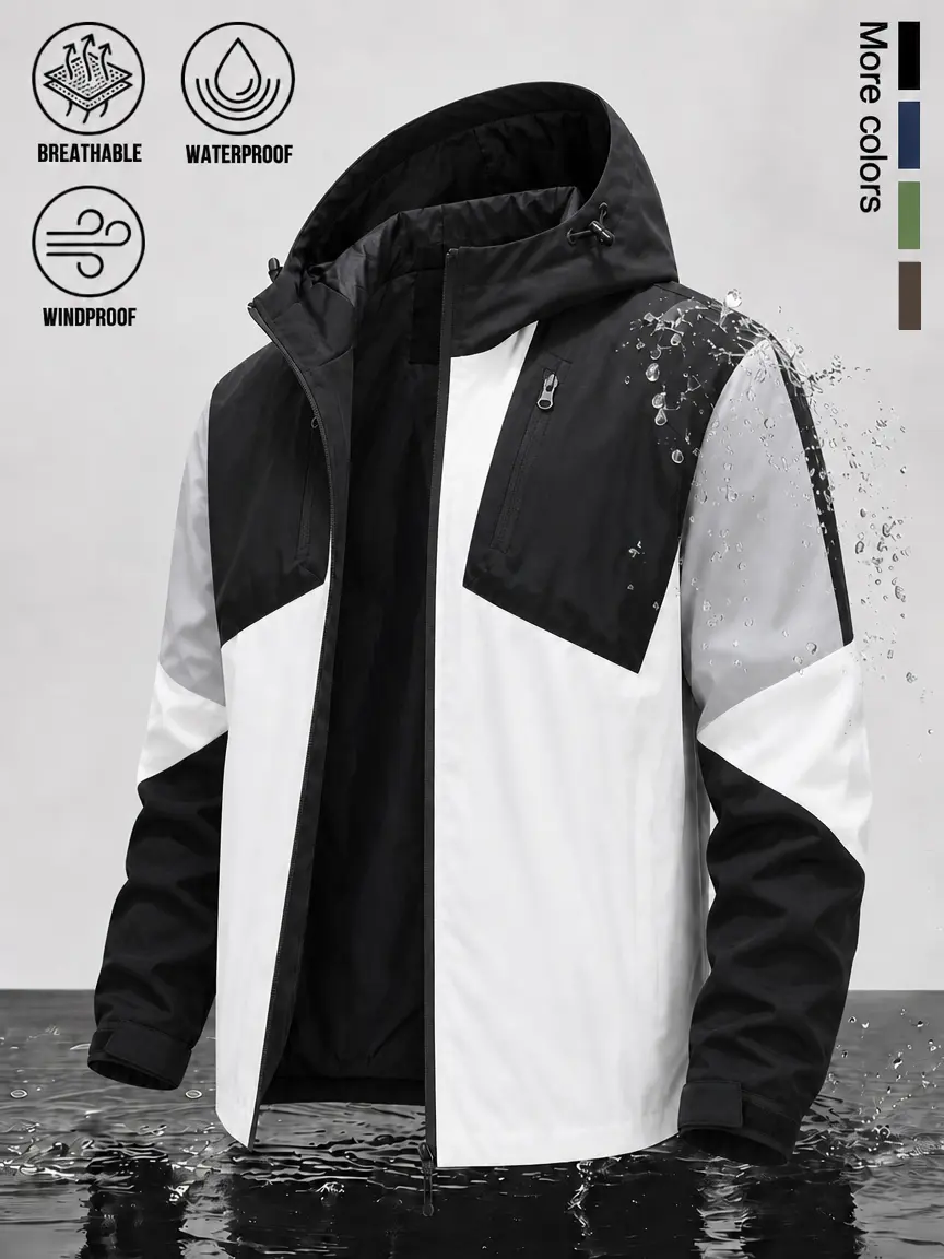 Light‑Weight Men Hood Geometric Color‑Block Functional Casual Jacket, Wind‑Resistant Water Repellent Breathable Shell, Toggle‑Locked Hood & Hook‑Loop Adjustable Cuffs for Daily Wear & Short‑Term Outdoor Mountain Adventures