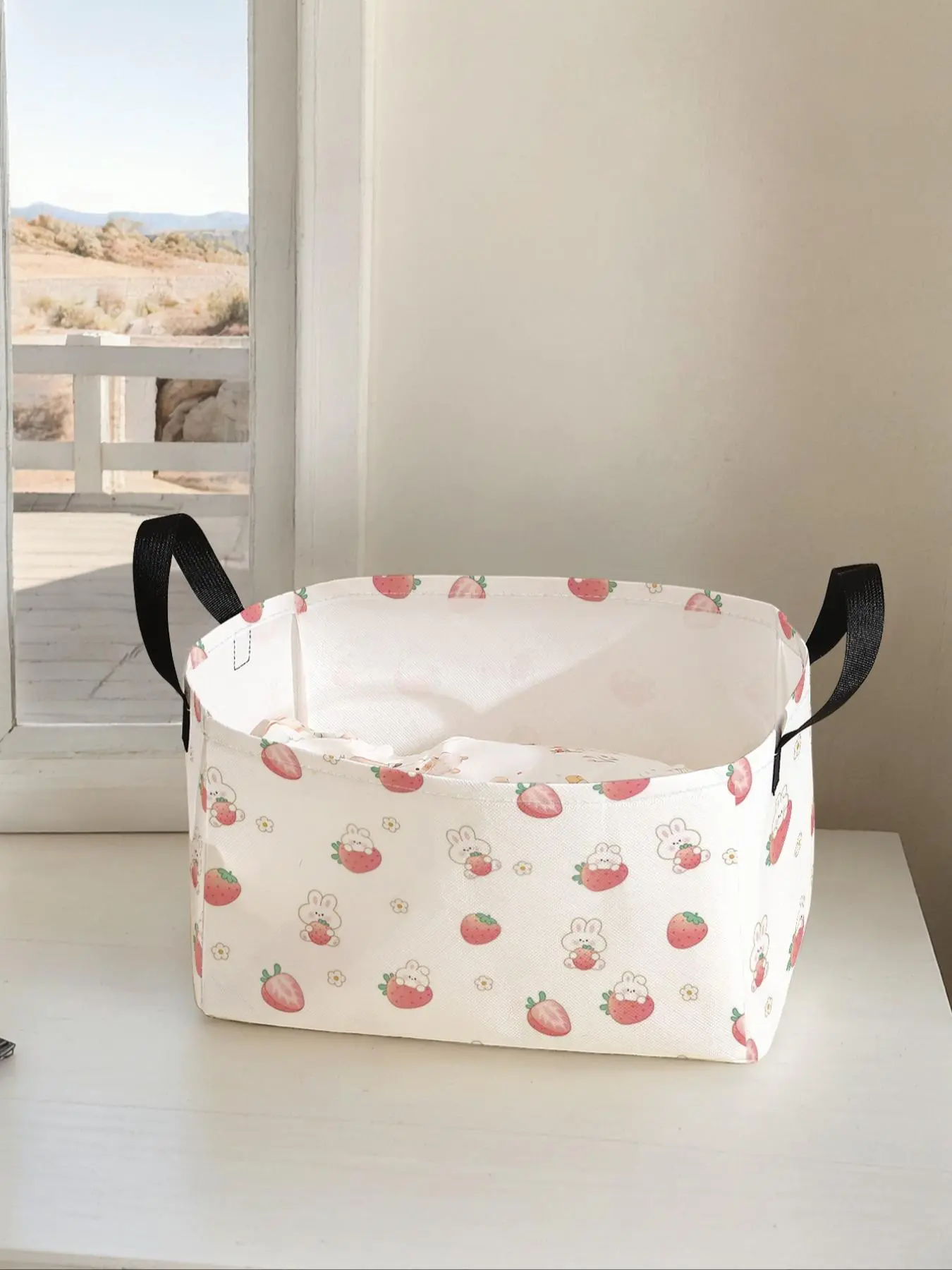 Cartoon Rabbit & Strawberry Pattern Storage Basket with Handle, Multi-functional Open Storage Basket, Folding Clothes Storage Basket for Home Living Room Bathroom Kitchen Laundry Basket