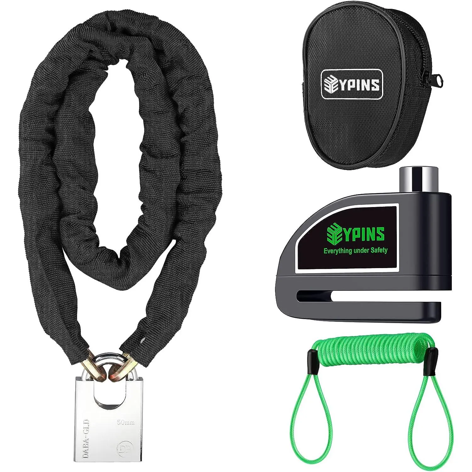 EYPINS Motorcycle Chain Locks with Alarm Disc Brake Lock, Bike Chain Lock 1M/3.28FT,Security Chain Lock Bicycle Lock Alarm Disc Lock for Motorcycles, Bikes,and More Green