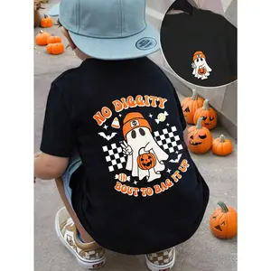 2-10Y Baby Boy Casual Creative Letter, Pumpkin, Skateboard Print Halloween Cartoon Raccoon Graphic Short Sleeve Round Neck T-Shirt, For Halloween Party