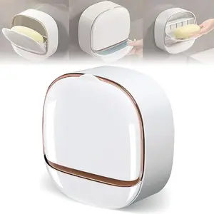 Luxury Soap Holder with Drain Tray, Waterproof Soap Dish Holder, Waterproof Soap Dish Bar for Shower, Wall Mounted Soap Holder, Wall Mounted Drain Soap Box with Flip Lid for Bathroo (White)