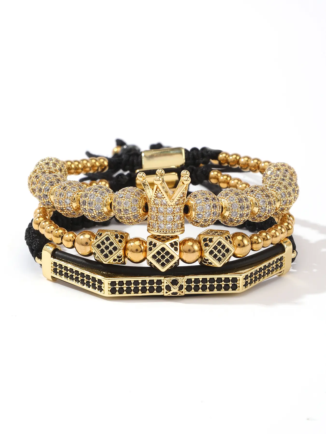 Men's 3-Piece Luxury Crown Design Bracelet Set, Copper & CZ Stacking Jewelry, Trendy Bangle Gift, Men's Accessories, Symbolism, Special-Occasion Shine Arm Candy