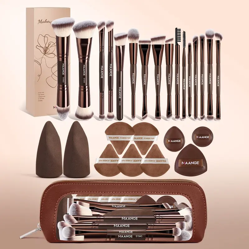 Maange 27-Piece Set, Includes 16 Professional Brushes, 10 Foundation Pads, 1 Makeup Bag, Metal Frame, Essential Beauty Kit, Cosmetic Tool