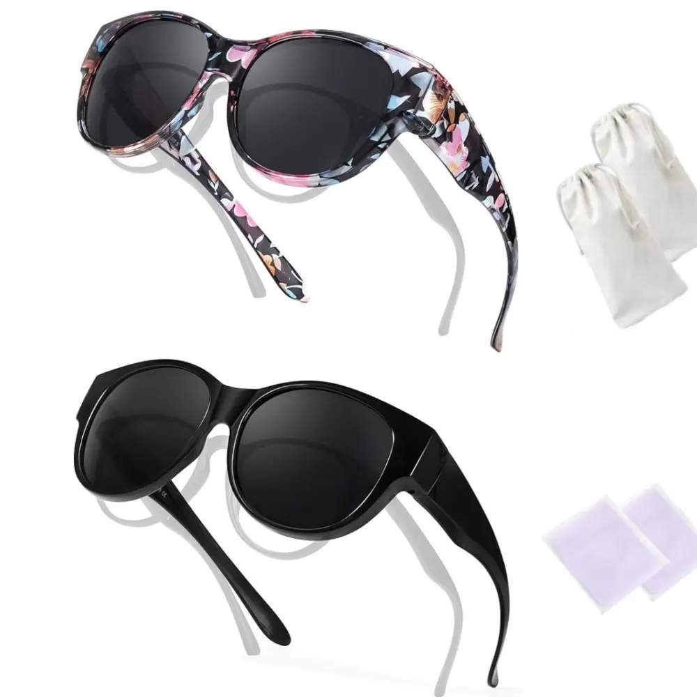 2Pcs Polarized Fit Over Sunglasses for Women, Trendy Sun Glasses Over Prescription Glasses UV400 Protection