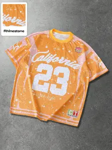 Men's Orange Rhinestone Embellished Graphic Print Mesh Top, Casual Oversized Streetwear Jersey, Suitable for Street Style and Summer Outings, Stylish Jersey