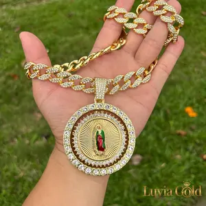 18 K Gold Plated Iced Out Spinning Virgin Mary Guadalupe Medallion Necklace Full Cubic Zirconia Inlaid Rotating Pendant for Men & Women Premium Hip Hop Religious Jewelry & Stress Relief Fidget Piece Luvia Gold Studio