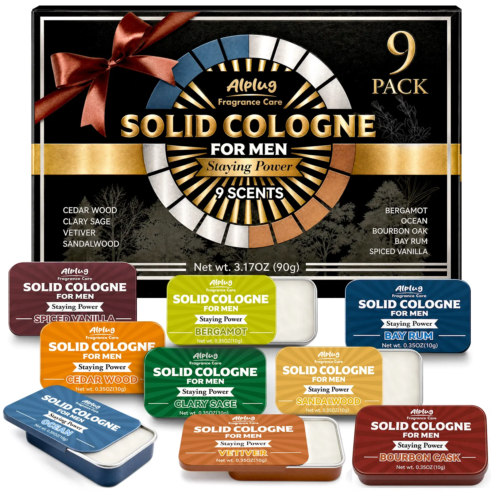 9 Pack Solid Cologne Gifts for Men, Mens Cologne Gift with Cedar Wood, Bergamot, Sandalwood, Clary Sage, Vetiver, Ocean Perfume, Birthday Gifts for Him Dad Husband Boyfriend, Travel Gift