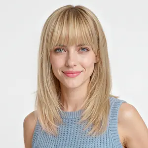 16 Inch Human Hair Wig with Bangs, Real Hair Wigs for Women,Wear Natural Realism (Ombre Blonde Mixed Light Brown)
