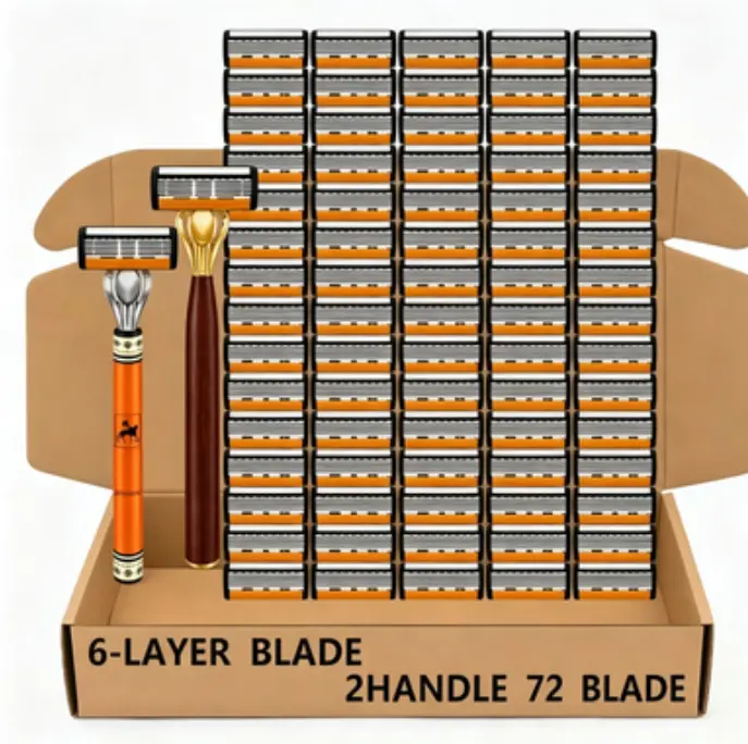 Men’s 6-Blade Razor Set with 72 Replacement Cartridges and Lubricating Strip, Stainless Steel Facial Shaver for a Smooth Shave