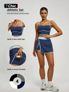 Contrast Trim Tennis Set for Women, Padded Crop Top & Skort with Pockets, Athletic Sportswear