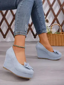 New Women's Stylish Wedge Thick Sole Platform Heels Shoes with Bow Decoration, Ideal for Outings, Commuting, and Parties, Fashionable and Comfortable Footwear