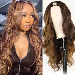 Blonde V Part Wig Body Wave Synthetic Wigs for Women 24inch brown V Part Upgrade U Part Wigs Glueless Full Head Clip in Half Wig Soft As Human Hair Half Wigs For Black Women