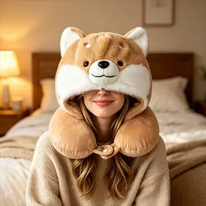Cute Cartoon U-Shape Pillow with Hood, PP Cotton Neck Support Pillow, Universal Travel Nap Pillow, 1 Piece Set, Comfortable and Versatile, Travel Neck Cushion