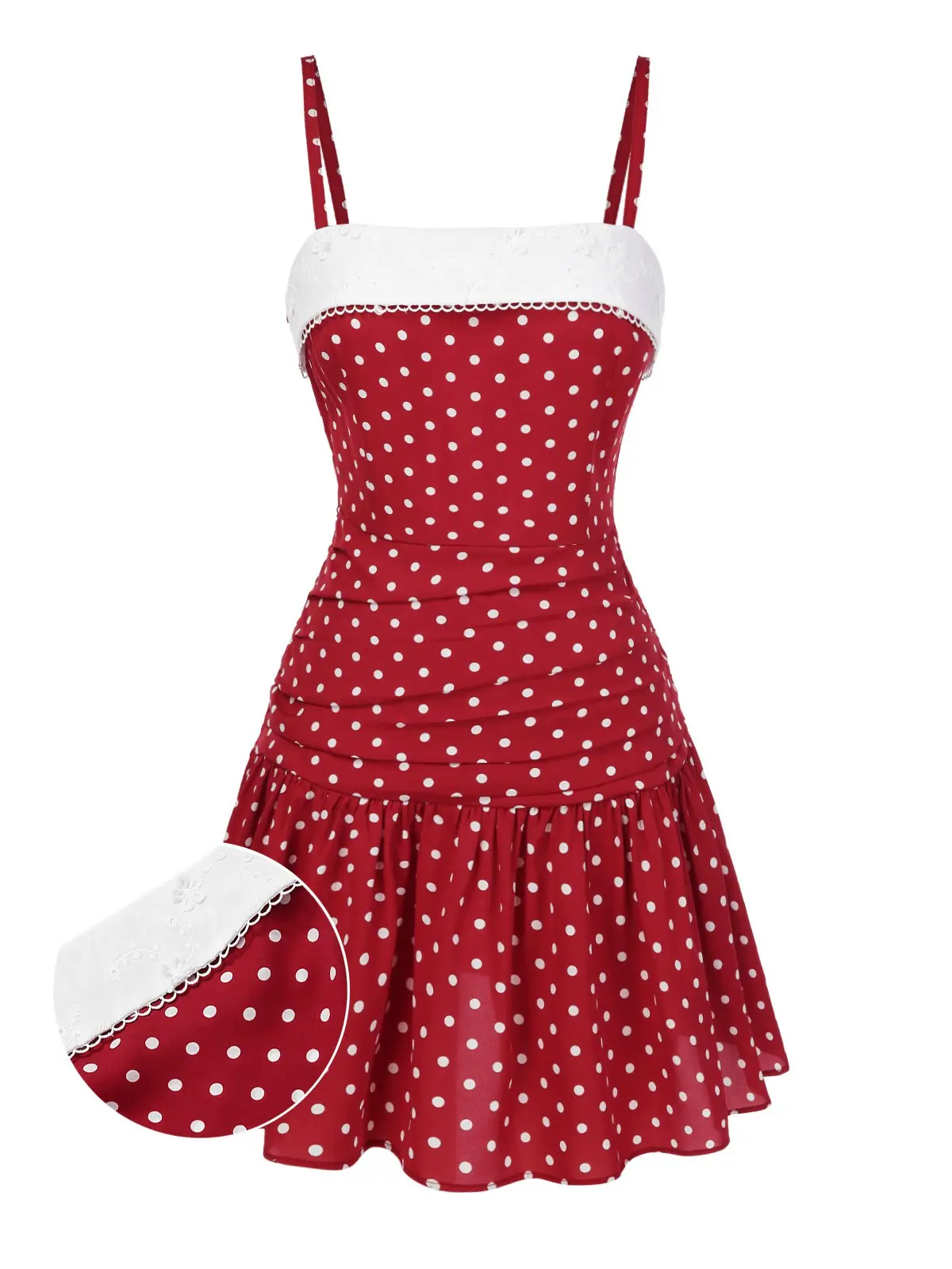 Red 1960s Strawberry Lace Patchwork Polka Dots Pleated Dress vacationsummer dresses vacation outfits BackToSchool Sohochic Fall Dresses Fall outfits Fall fashion
